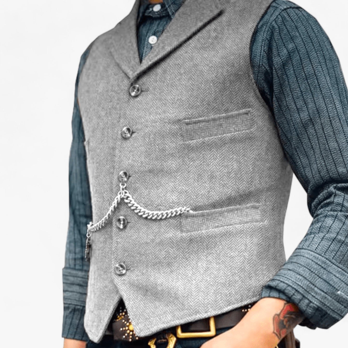 Men's tailored suit vest in classic tone with fitted silhouette and vintage decorative chain detailing