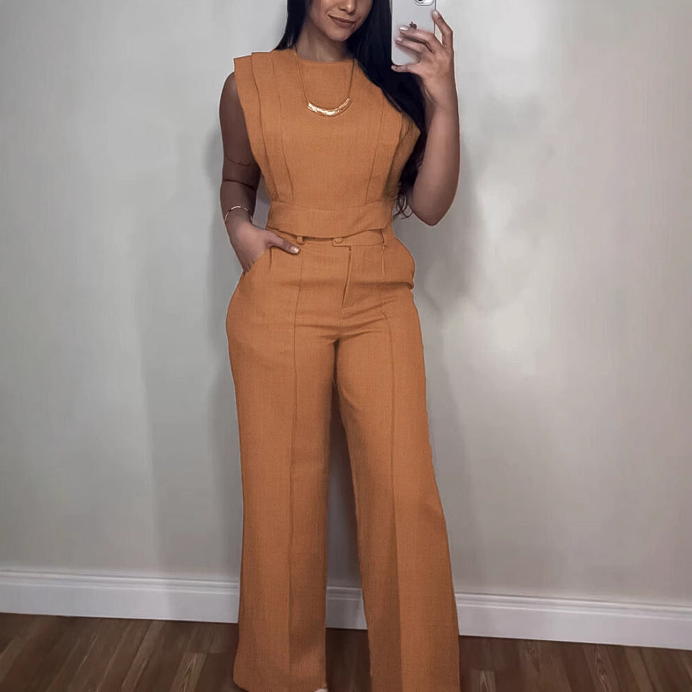 Women's sleeveless suit set straight pants breathable cotton chic casual two-piece summer outfit