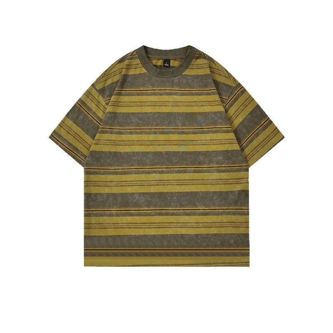 Vintage oversized unisex tee with sun-faded stripes, distressed cotton crew-neck in retro 90s style