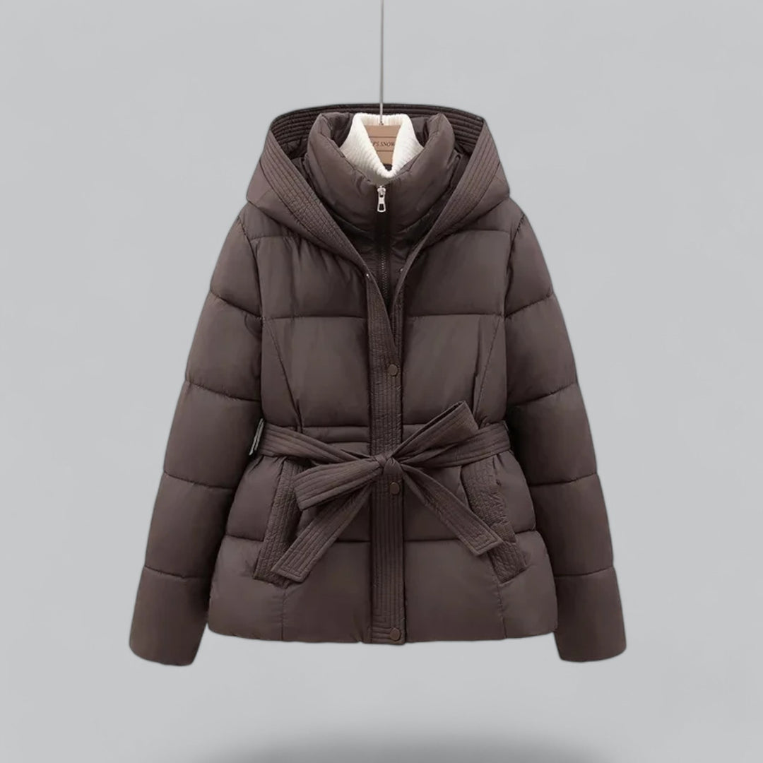Women's black hooded puffer jacket slim insulated coat with adjustable cozy hood