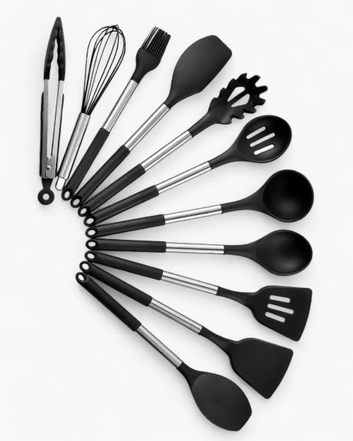Nordeka 11-piece silicone kitchen utensil set in neutral tones with stand, BPA-free heat-resistant tools