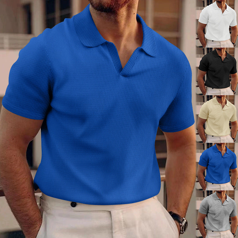 Rowan men's V-neck polo shirt in waffle knit texture, smart casual short-sleeve style for everyday wear