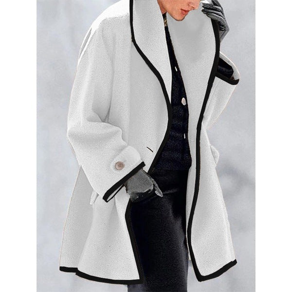 Women's loose fit elegant coat with contrast piping trim, wide collar, bold detailing