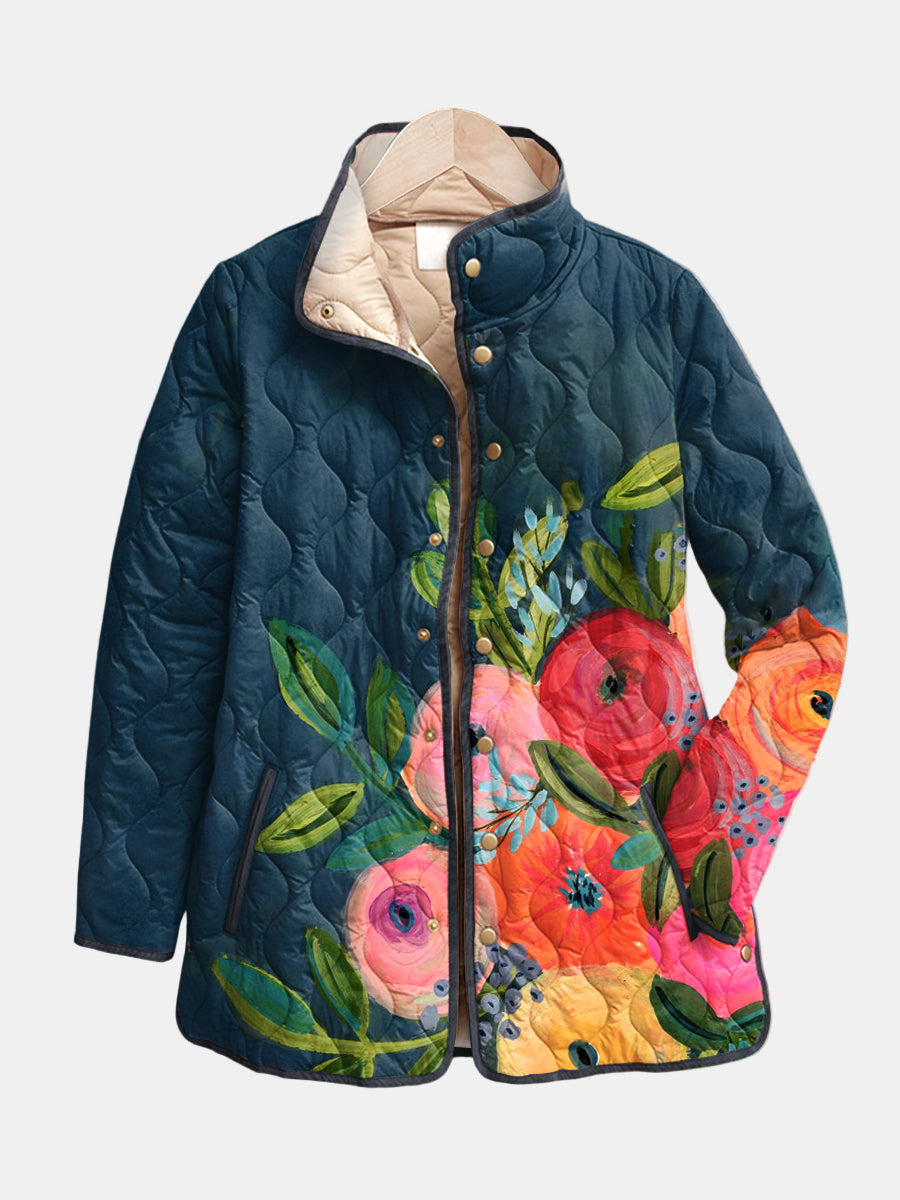 Women's floral quilted snap jacket lightweight padded stand collar bold print everyday layering