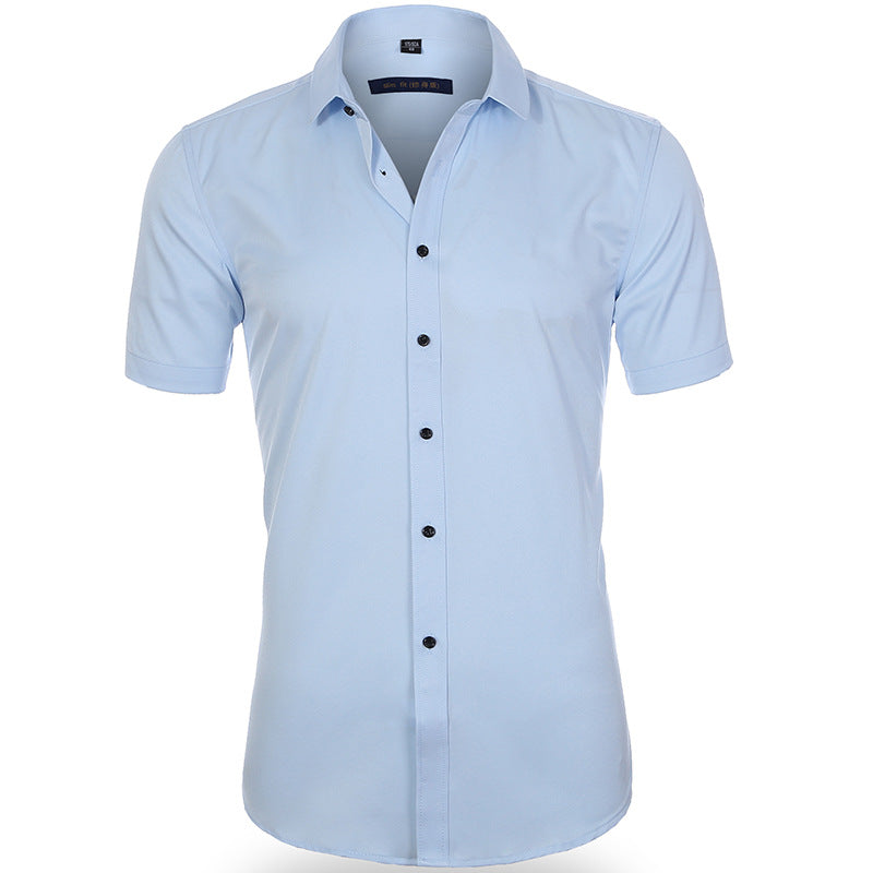 Men's light blue wrinkle-resistant short sleeve shirt with breathable stretch fabric for all-day comfort