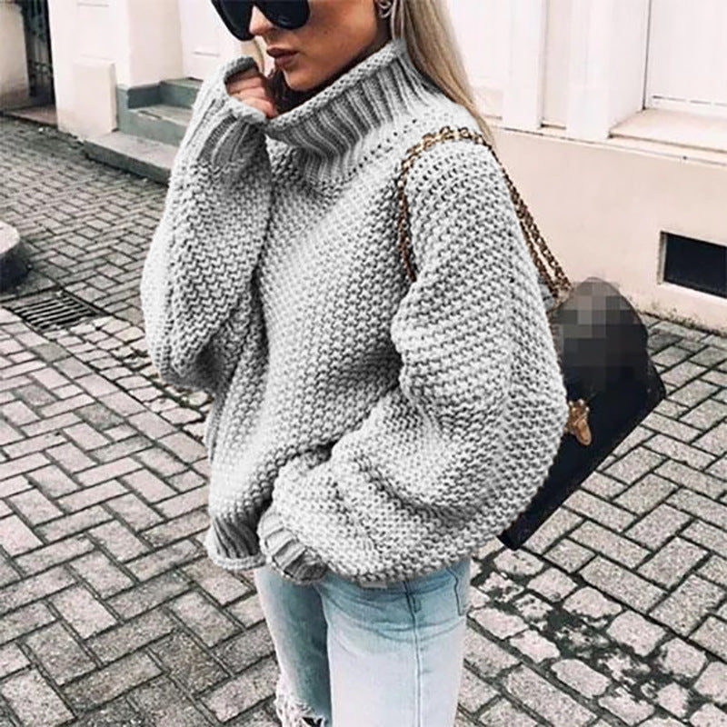 Women's chunky knit turtleneck sweater cozy oversized fit thick textured winter essential