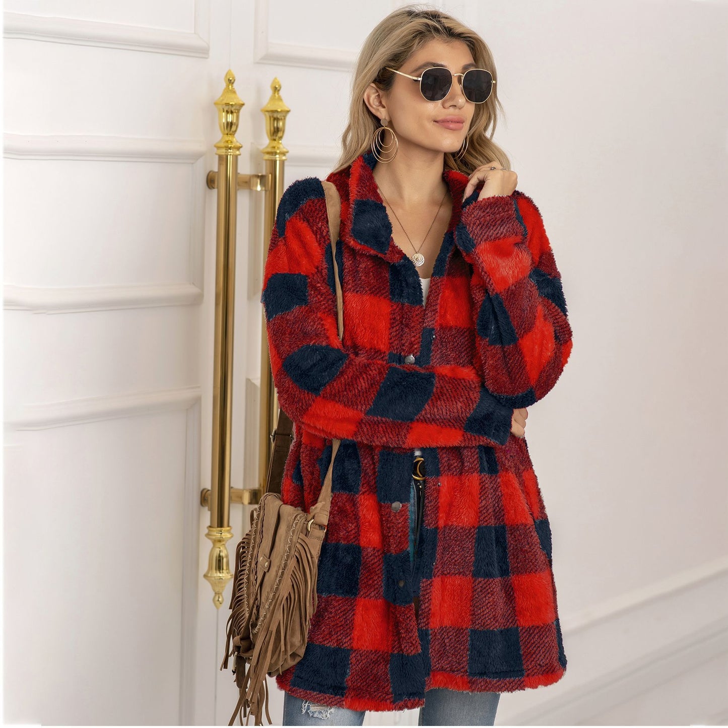 Women's longline colorblock plaid fleece coat, cozy winter essential with bold pattern
