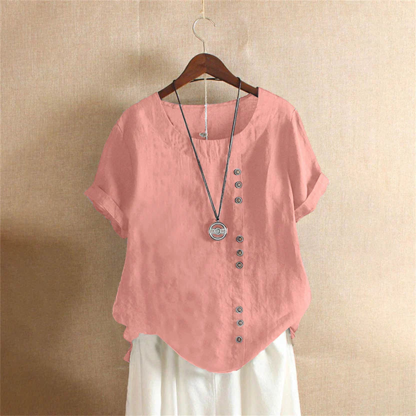 Women's solid short sleeve buttoned blouse round collar casual chic top bright colors clean silhouette