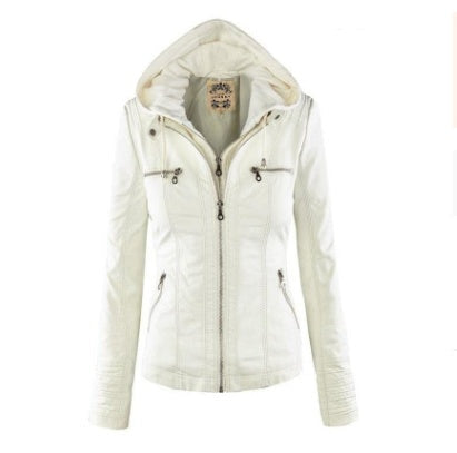 Women's black faux leather jacket removable hood modern fit versatile pockets casual dressy style