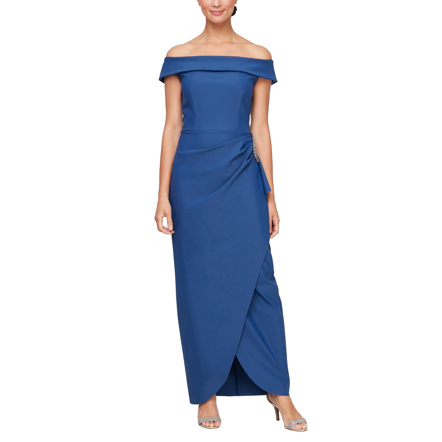 Alex Evenings navy off-the-shoulder cascade ruffle evening gown with flattering silhouette