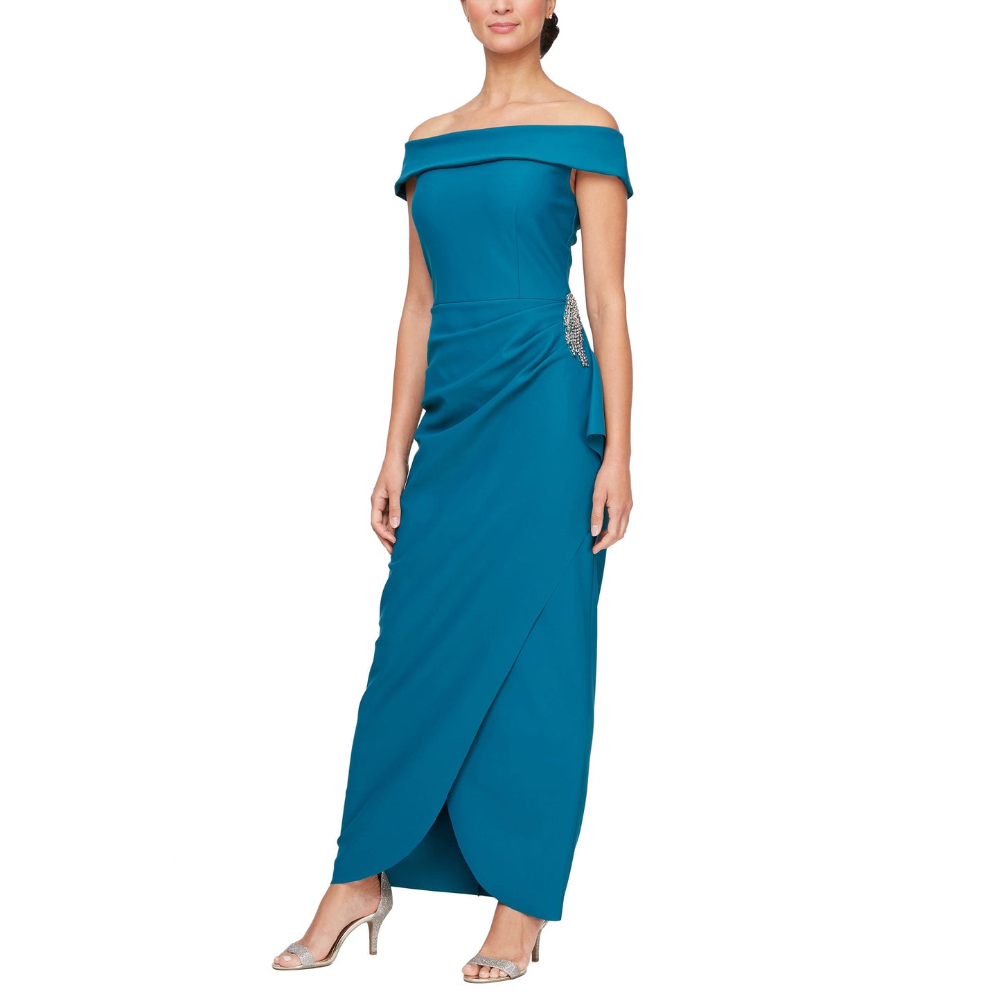 Alex Evenings navy off-the-shoulder evening gown with cascading ruffle skirt elegant formal silhouette