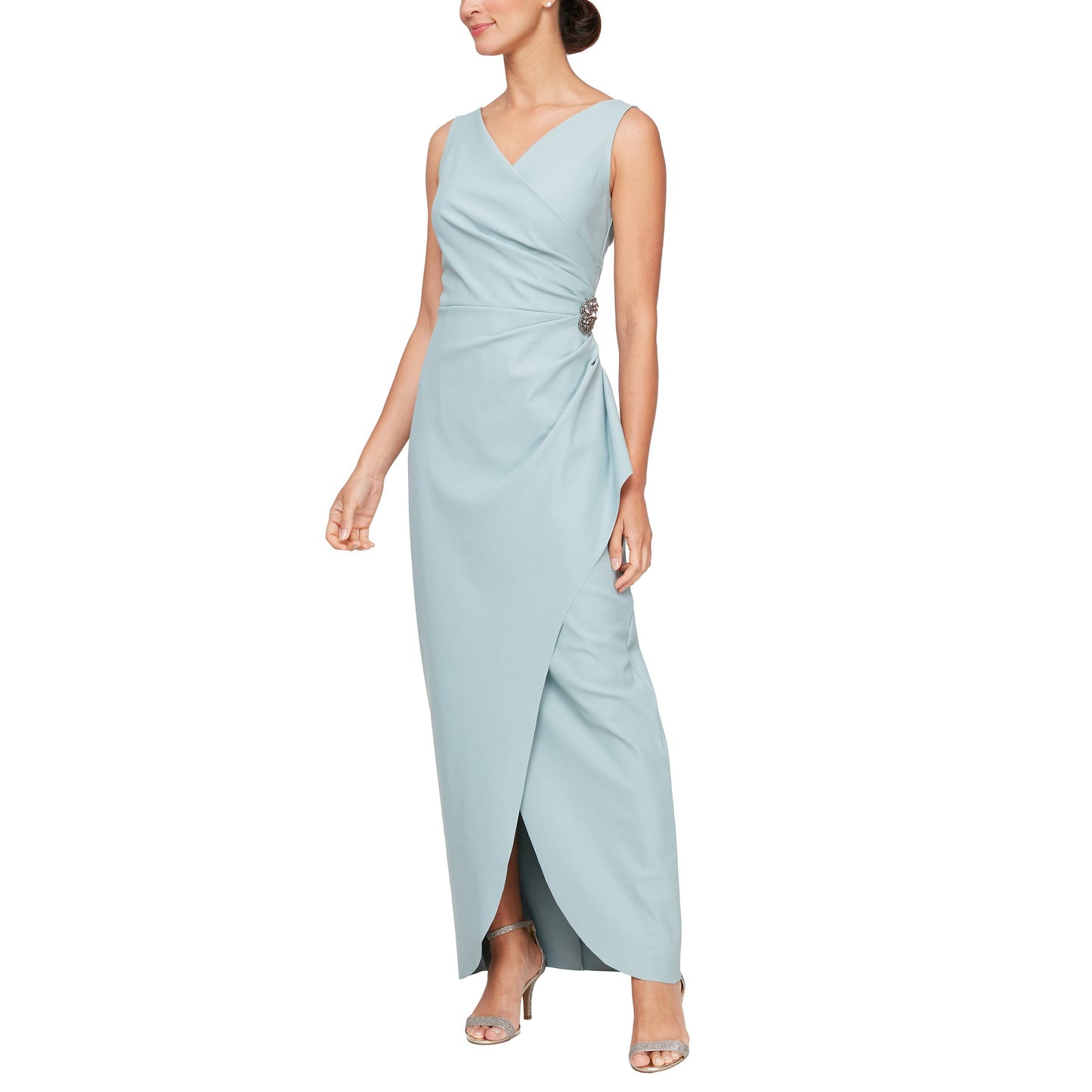 Long formal fitted dress beaded waist pleated bodice tulip hem women elegant gown
