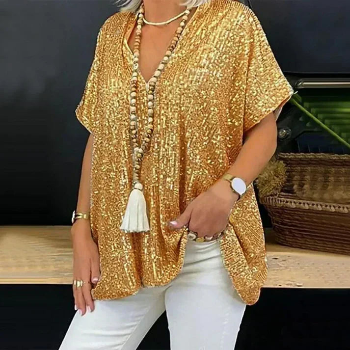 Women's silver sequin V-neck blouse with sparkling embellishment, elegant evening wear