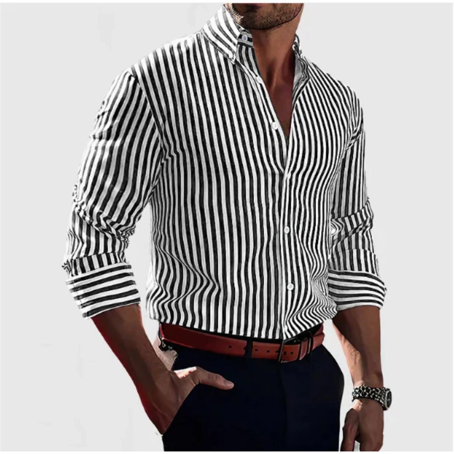Men's modern striped shirt lightweight breathable fabric versatile summer slim-fit design