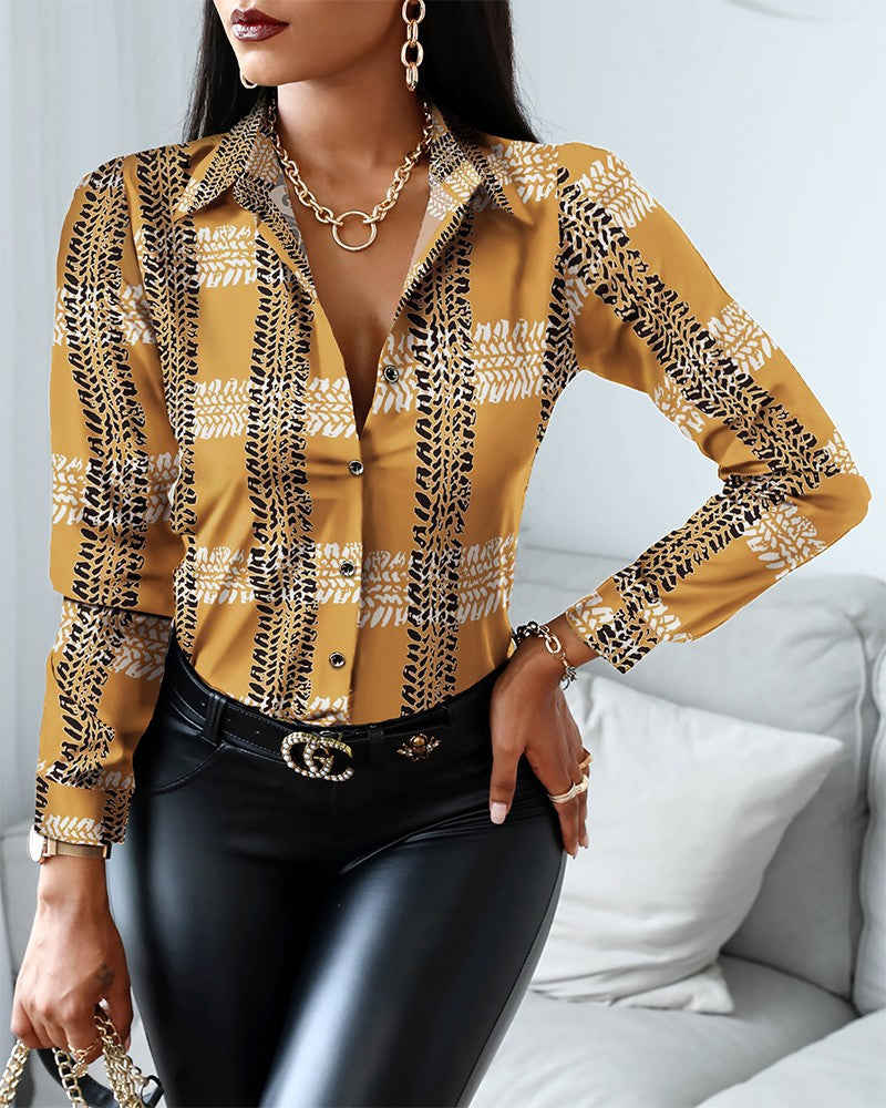 Women's satin shirt chain pattern print classic collar button-down long sleeves elegant office wear