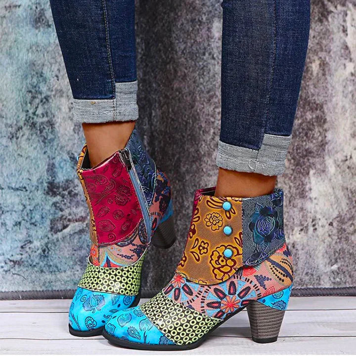 Women's retro waterproof boots ethnic pattern zip closure all-weather vintage-inspired ankle boots