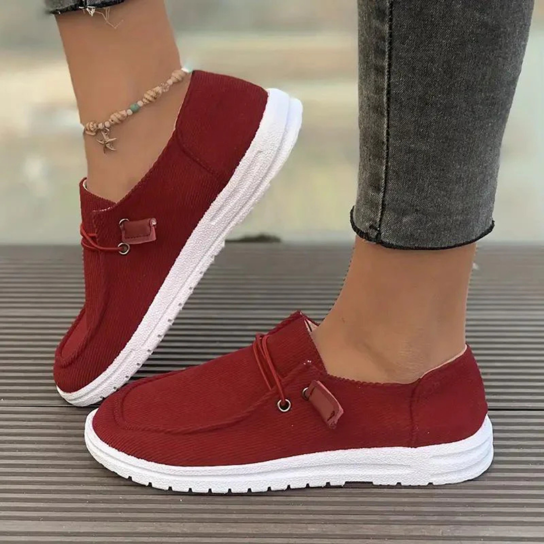 Women's ribbed suede slip-on flats with elastic lace closure, lightweight round-toe everyday style