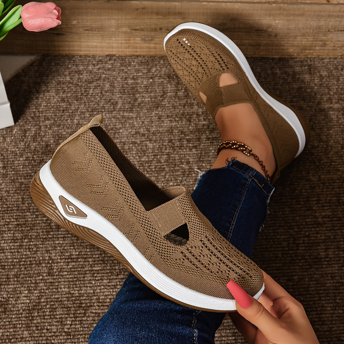 Urbann-Vibe women's slip-on knit sneakers cushioned sole breathable mesh casual everyday comfort