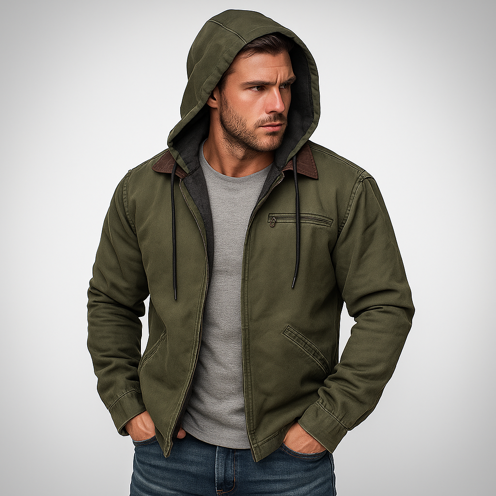 Men's classic hooded winter jacket zip front structured fit urban warmth everyday style