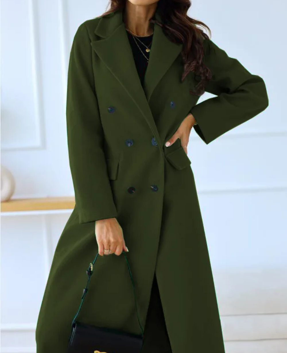 Women's fitted beige trench coat with double-breasted front, tailored silhouette, and notched lapel
