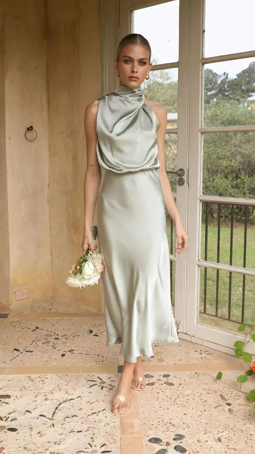 Women's satin one-shoulder evening dress slim silhouette elegant formal wear luxurious drape