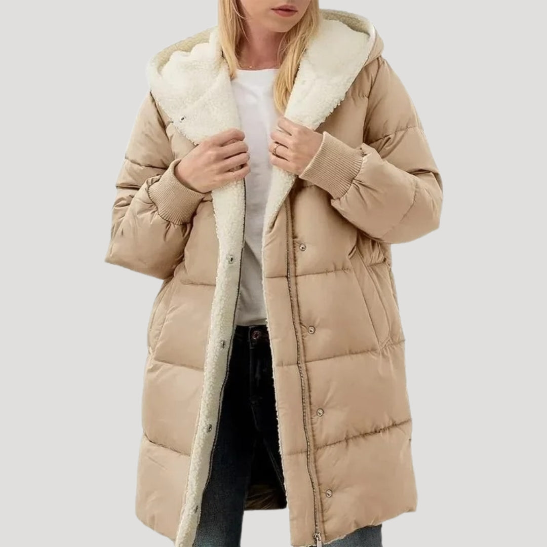 Women's lightweight hooded puffer coat in neutral tone, slim flattering fit with padded insulation