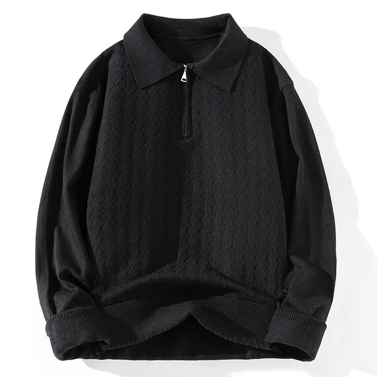 Men's navy quarter-zip polo sweater in premium jacquard zigzag knit with structured midweight design