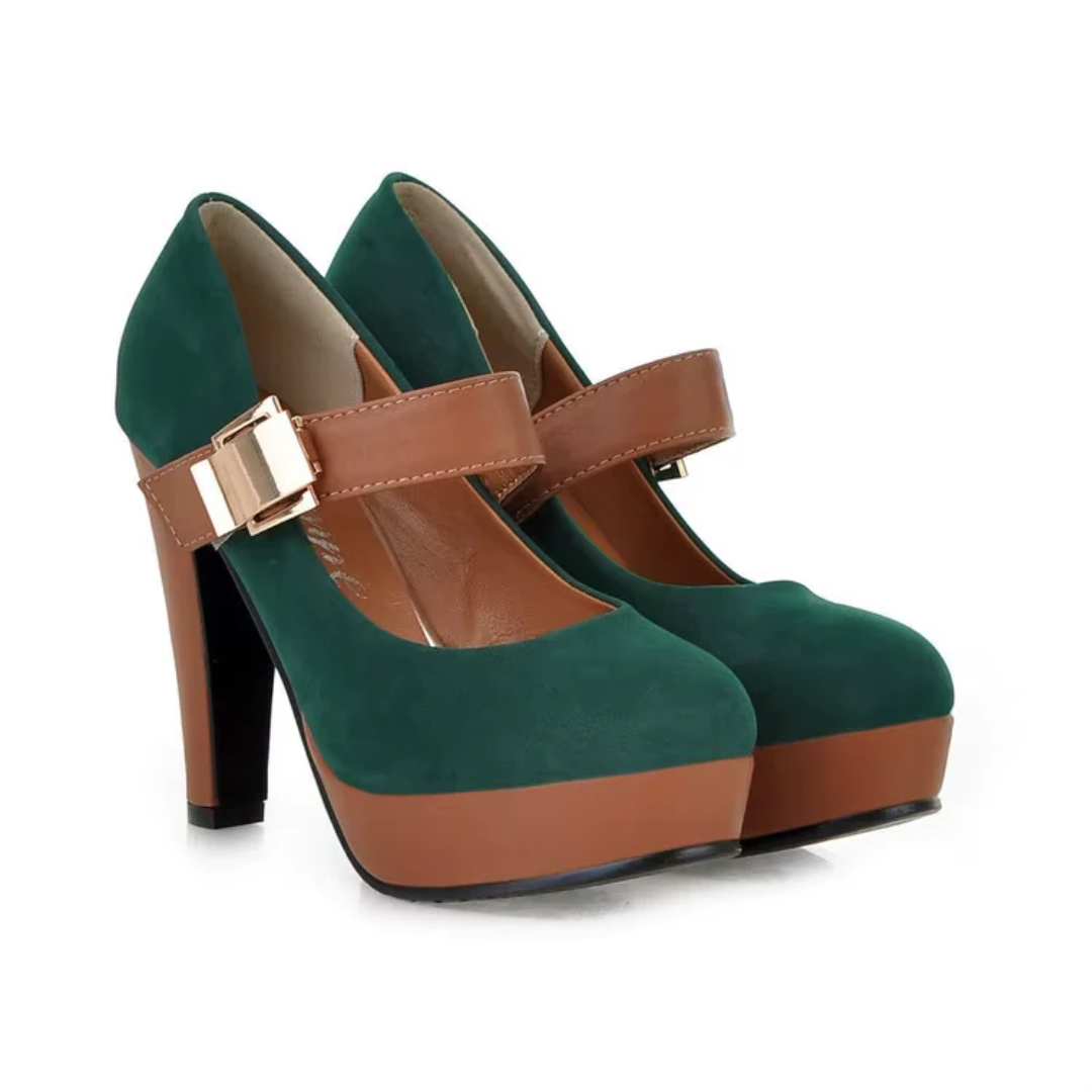 Women's block heel pump in suede with gold buckle accent, cushioned insole, and non-slip sole