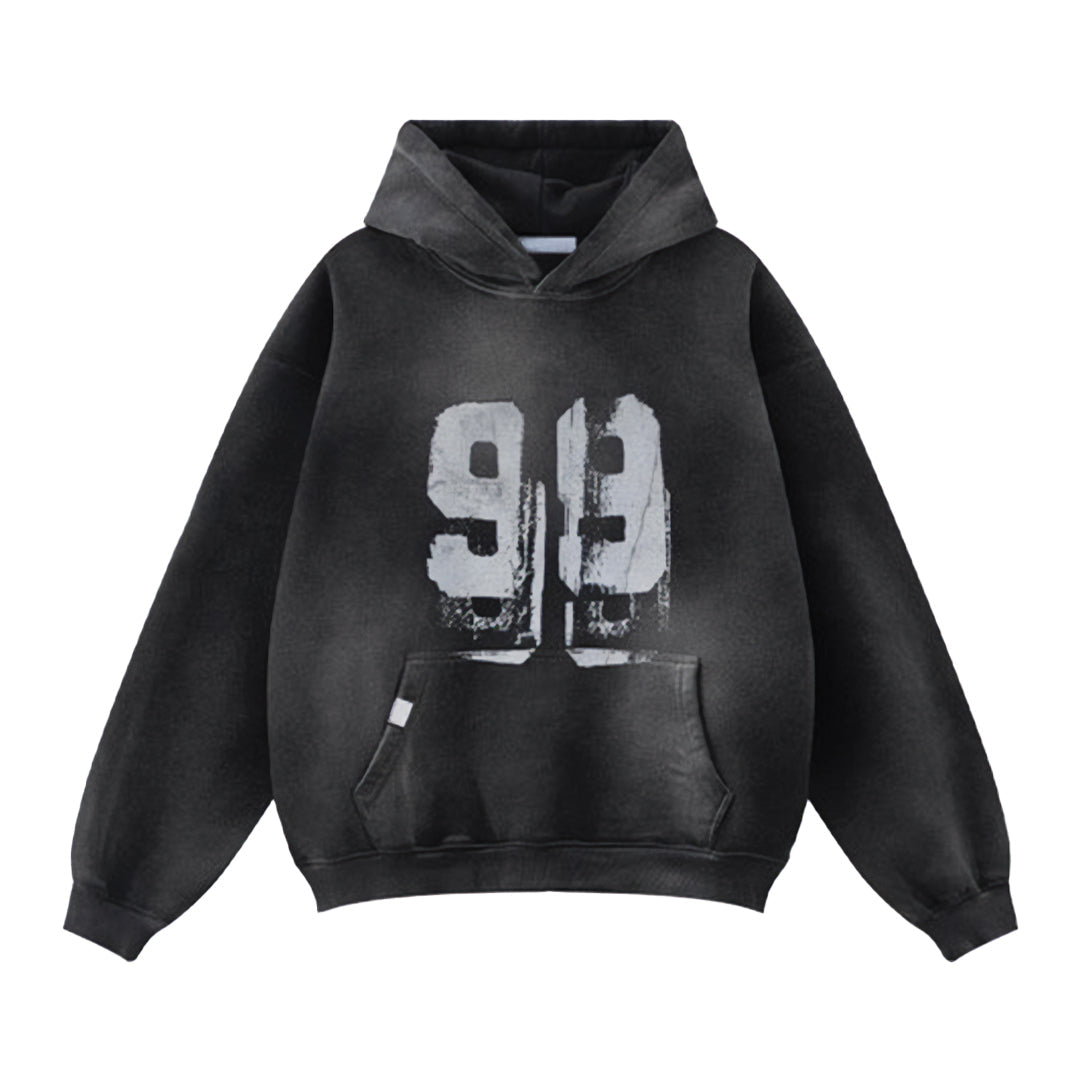 Men's heavyweight garment-dyed distressed hoodie in washed cotton with bold 99 print streetwear style