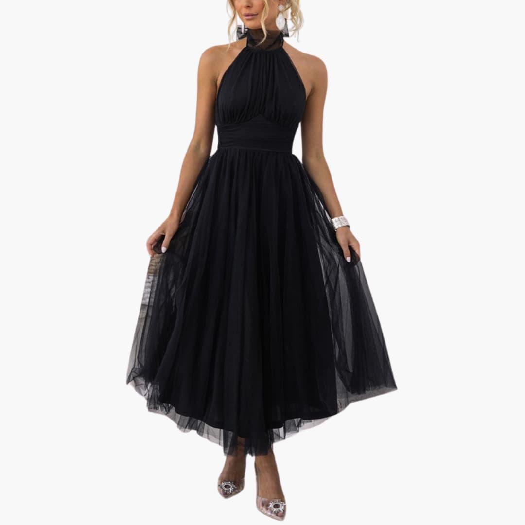Women's black tulle halter neck maxi gown with elegant layered skirt for formal occasions