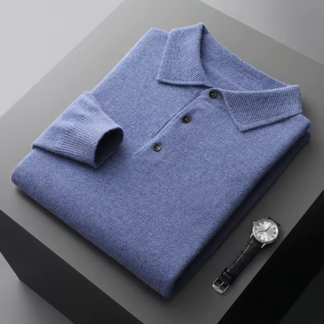 Men's merino wool polo sweater standard fit with button closure and ribbed edges breathable warmth
