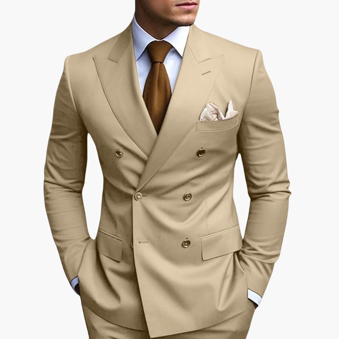 Men's black double-button notched lapel suit set with straight-leg pants, modern tailored fit