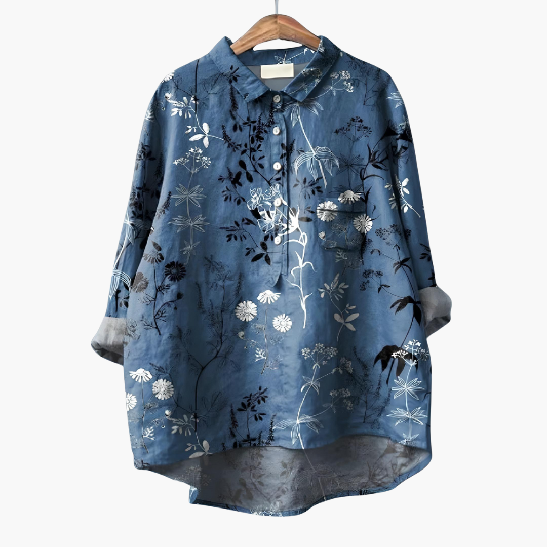 Women's floral print summer blouse lightweight fabric rolled-up long sleeves casual style