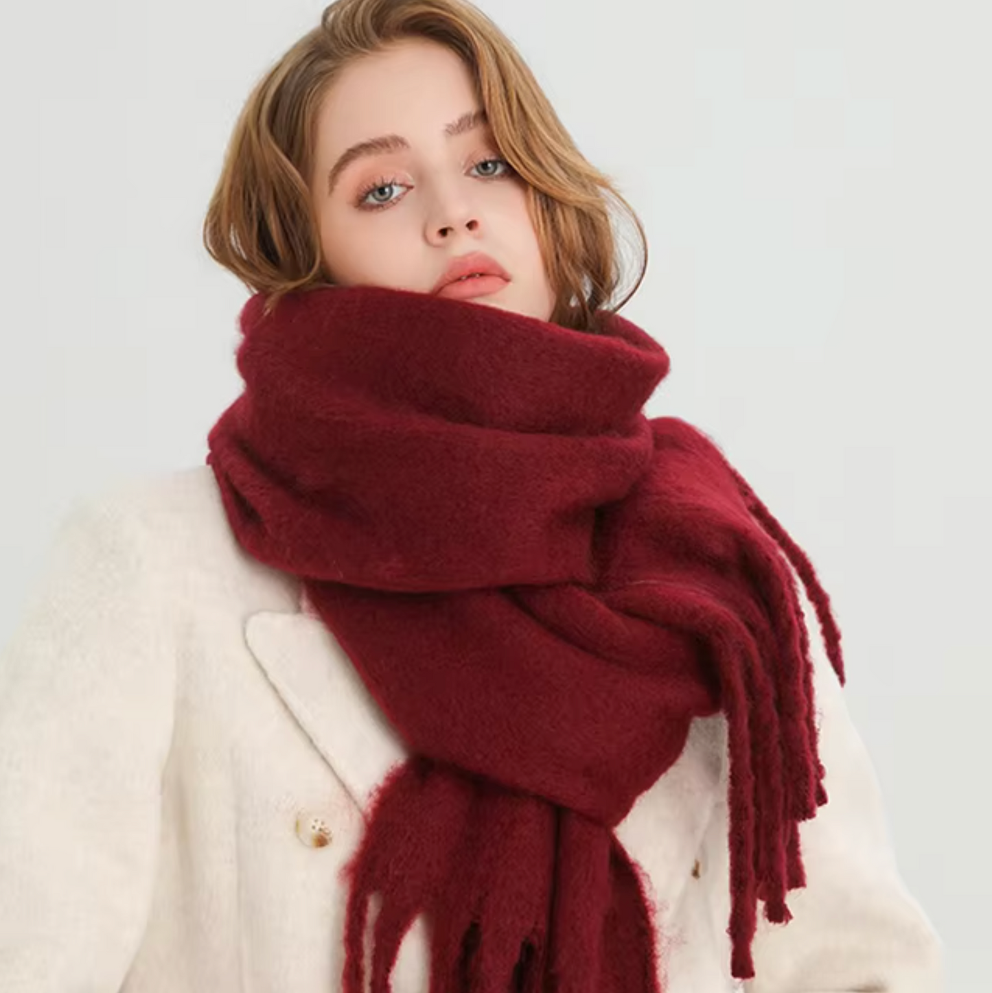 Women's cashmere-like winter pashmina scarf with long fringe, solid color, soft warm wrap