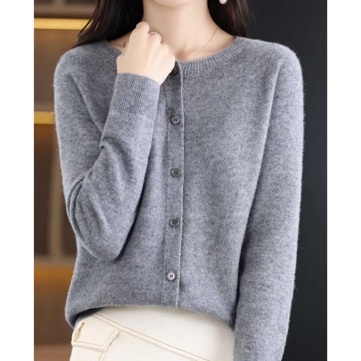 Women's merino wool cardigan round neck knit luxurious soft layer elegant slim silhouette