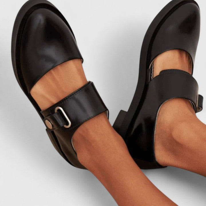 Black mary jane flats wide strap polished metal buckle rounded toe everyday versatile style