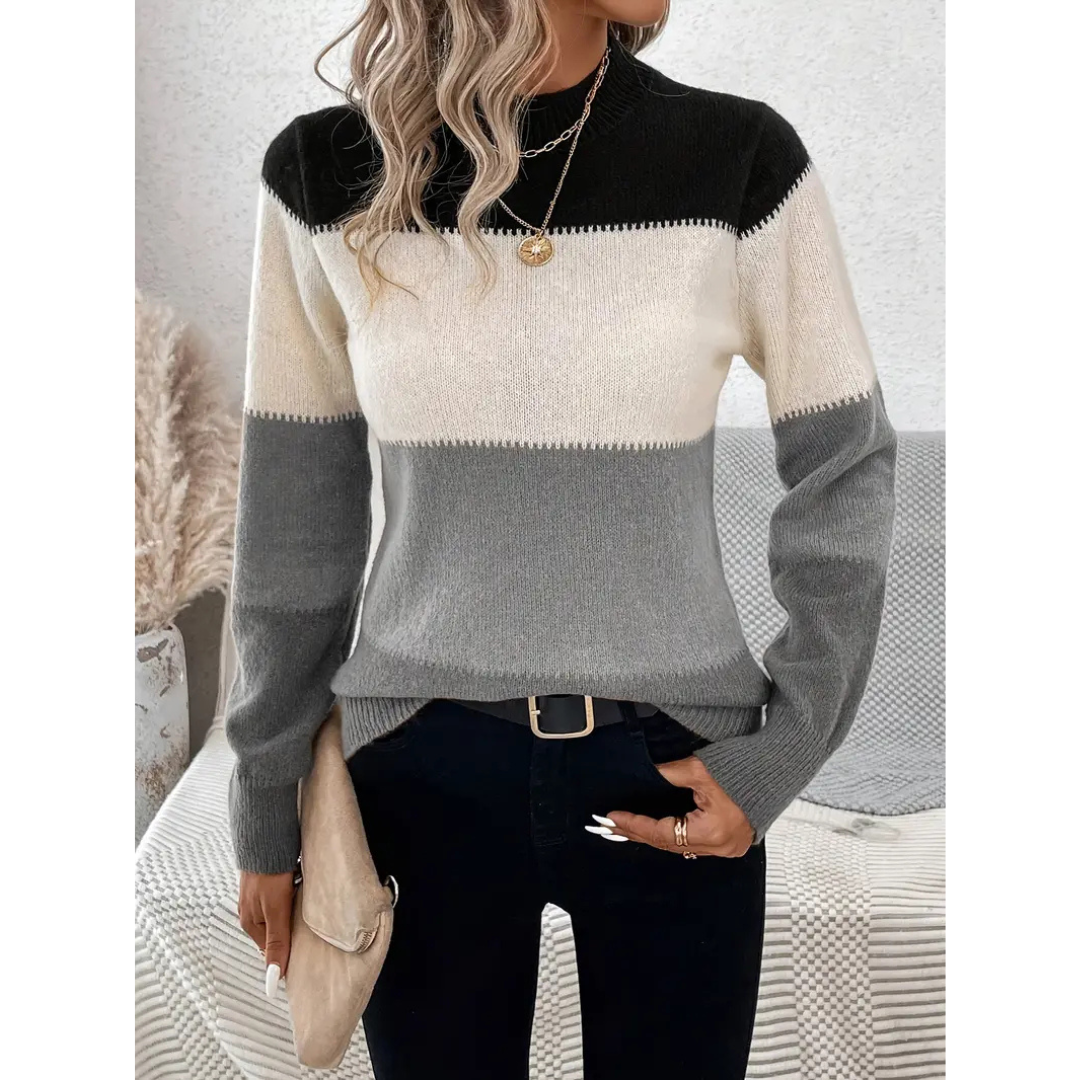 Women's wool blend color block crew neck pullover sweater regular fit knit cozy fall style