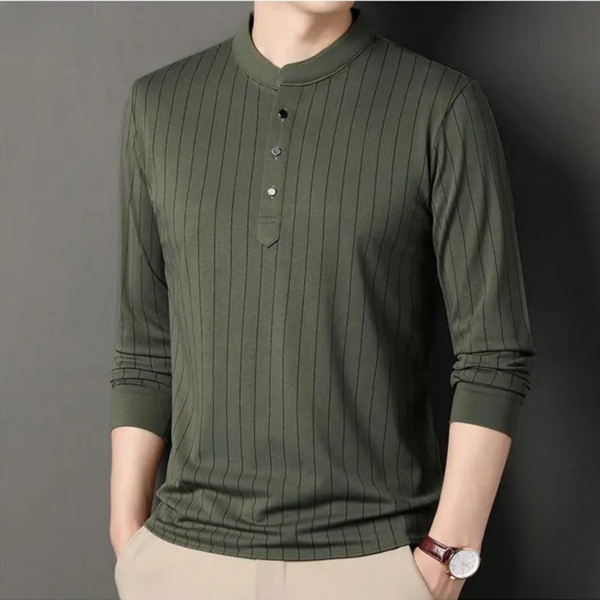 Men's slim fit pinstripe mandarin collar shirt in breathable cotton blend, wrinkle resistant office essential