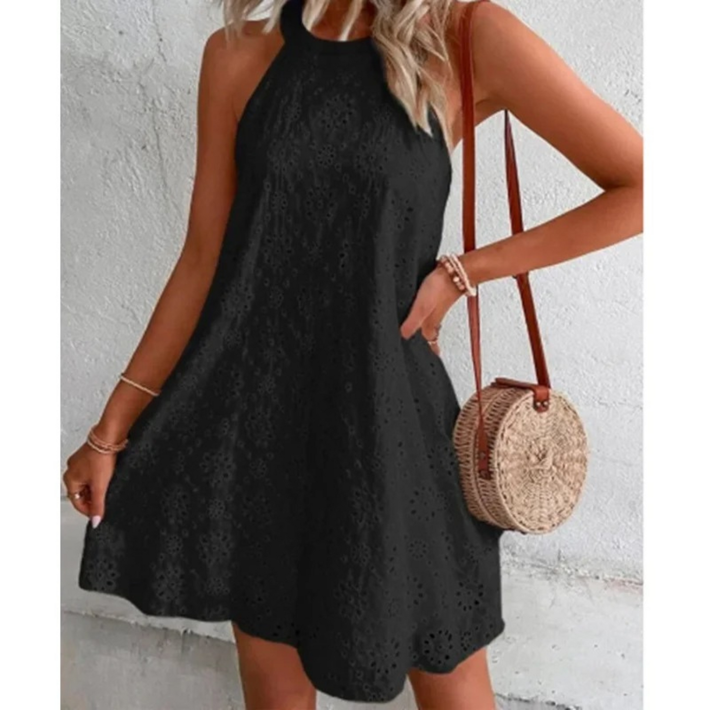 Sleeveless halter A-line summer dress with intricate embroidered lace detail, lightweight feminine silhouette