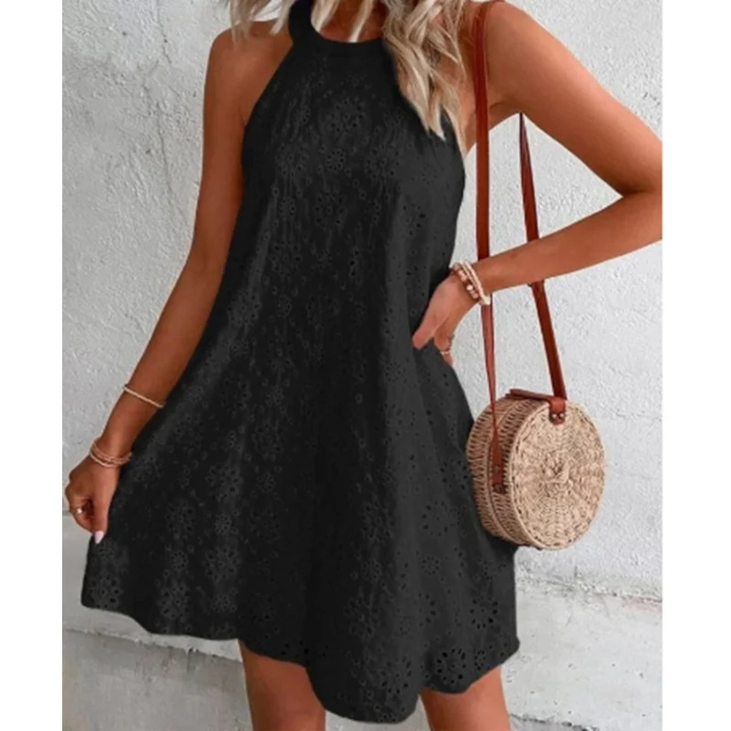 Sleeveless halter A-line summer dress with intricate embroidered lace detail, lightweight feminine silhouette