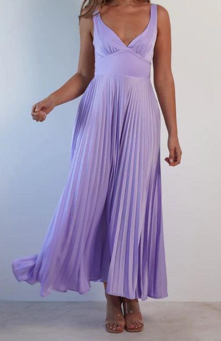 Pleated backless midi dress V-neck high waist suspender straps elegant evening wear women