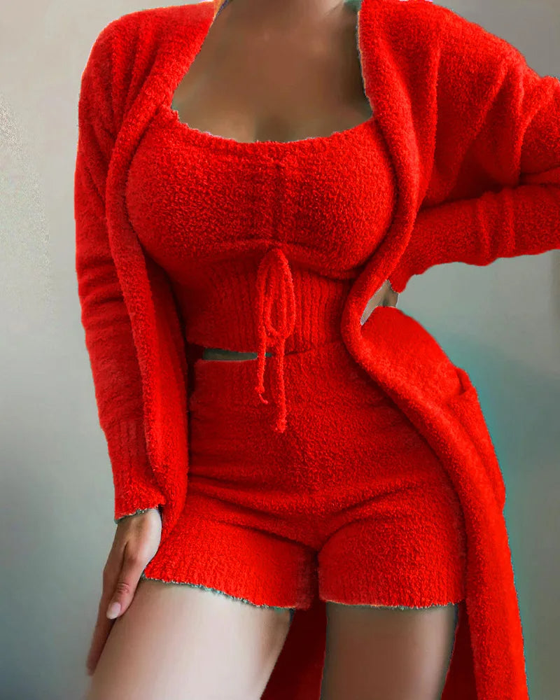 Women's 3-piece plush knit loungewear set with cropped tank, high-waisted shorts & cardigan