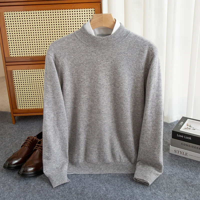 Lightweight wool mock neck pullover sweater in neutral tones, slim-fit knit for office and casual wear