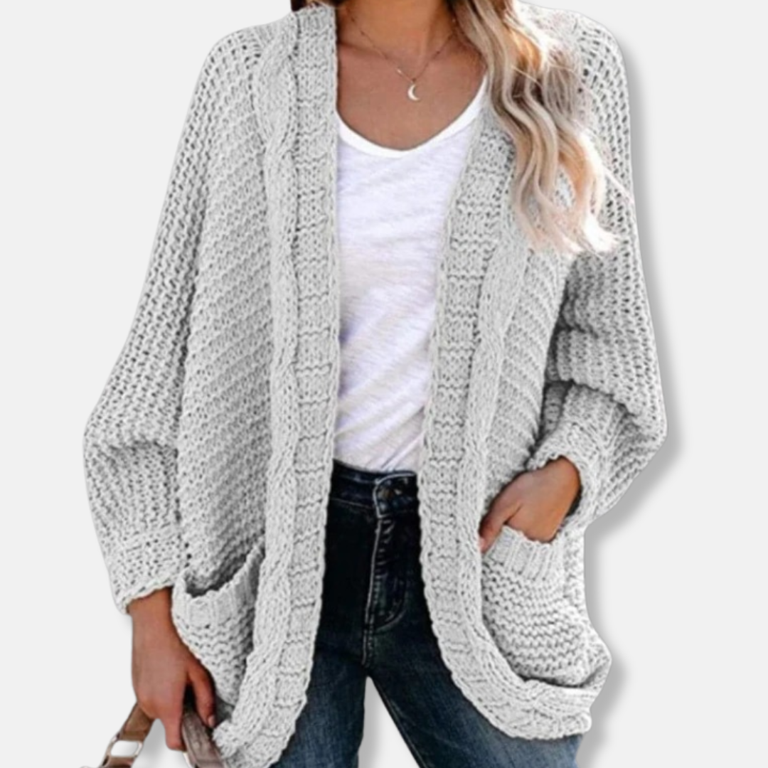 Isla wool oversized cardigan women ribbed open front pockets cozy winter layering piece