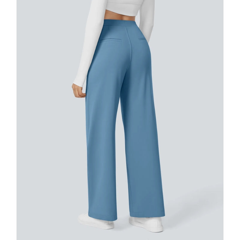 Beige high-waisted wide-leg work pants with front pleats, tailored professional silhouette