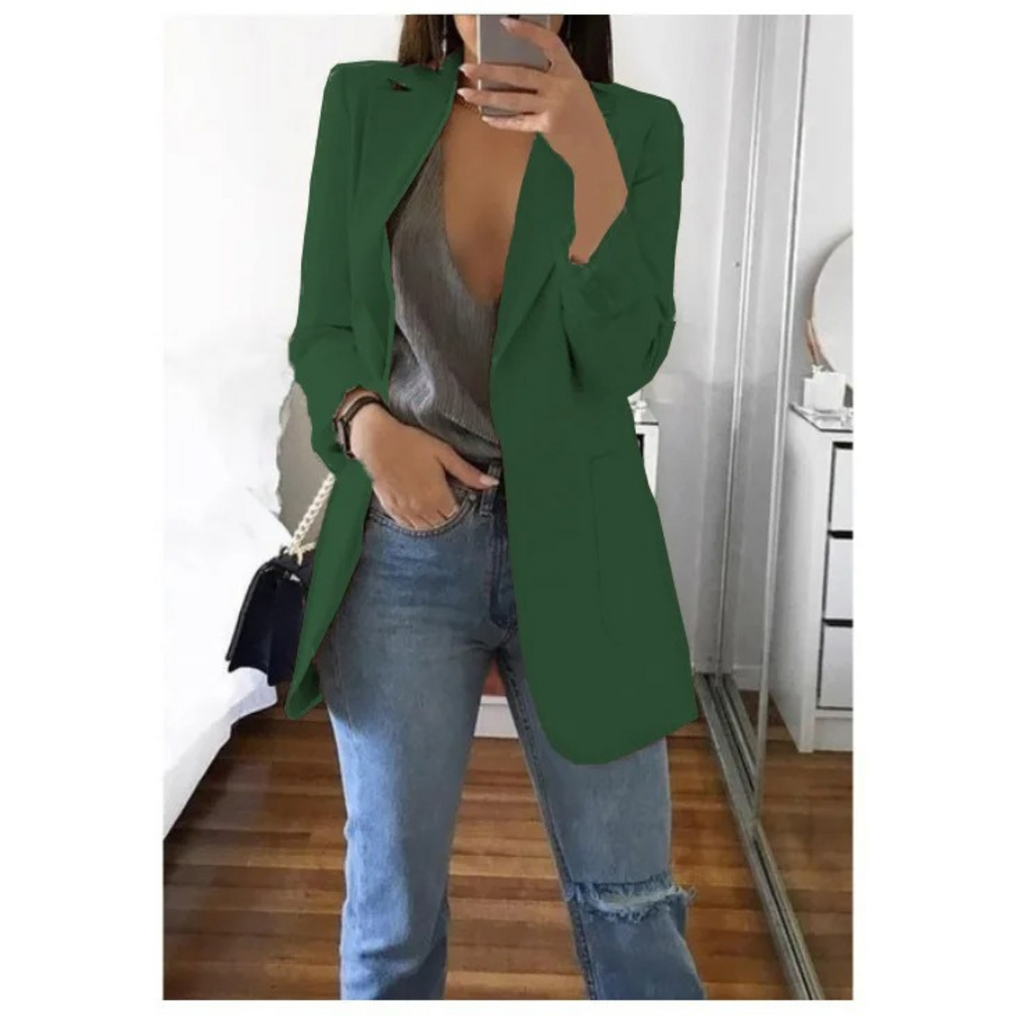 Women's long khaki blazer tailored fit elegant office style refined silhouette all-day comfort