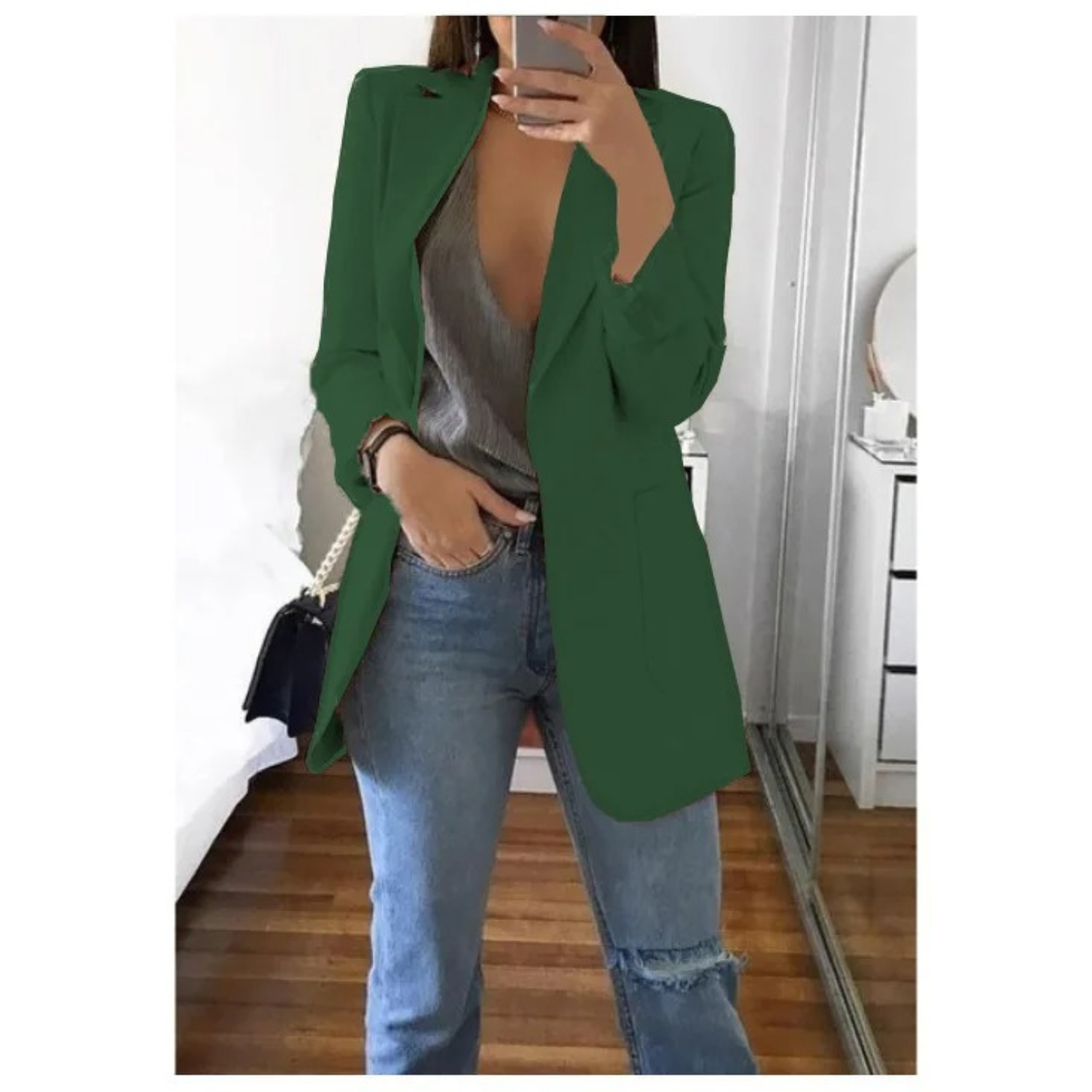 Women's long khaki blazer tailored fit elegant office style refined silhouette all-day comfort