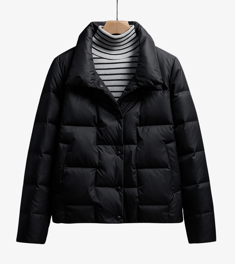Women's cropped quilted puffer jacket lightweight stand collar snap front minimalist winter layer