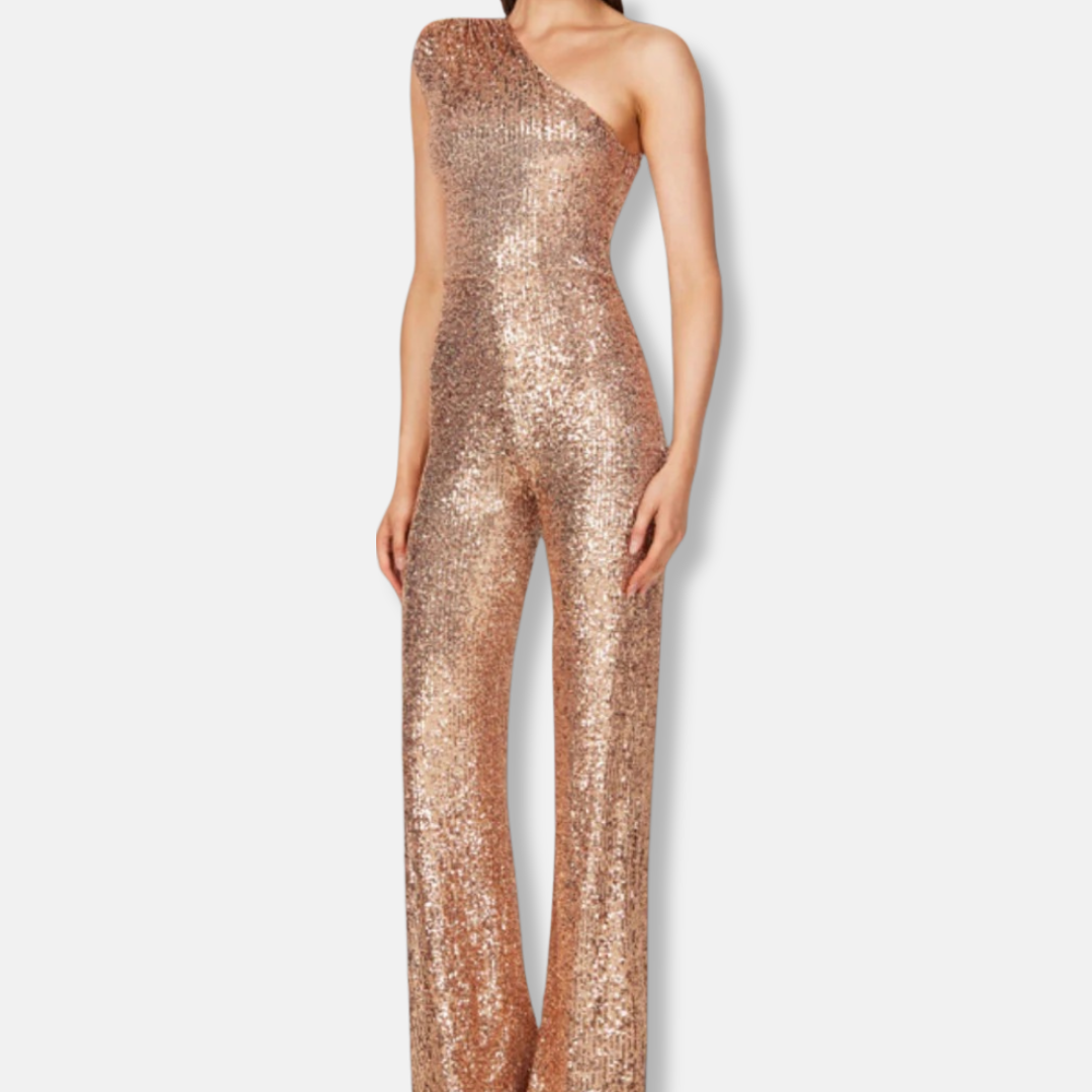 Women's silver sequined one-shoulder wide-leg jumpsuit sleeveless glamorous eveningwear