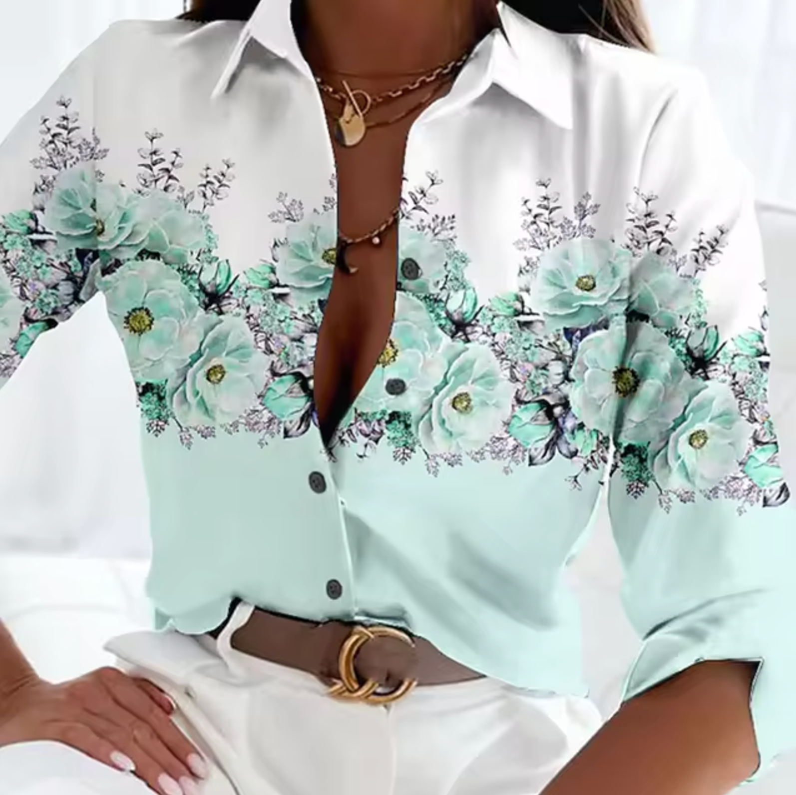 Women's floral print blouse lightweight breathable long-sleeve top with intricate feminine pattern